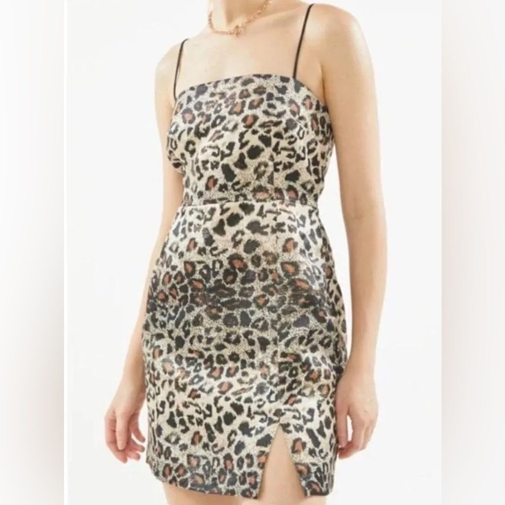 Urban Outfitters Spaghetti Strap Bodycon Slit Leopard Dress XS NEW #719